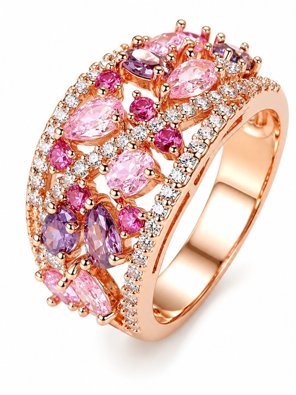 Rose Gold Pink & Purple Crystal Multi-Stone Ring